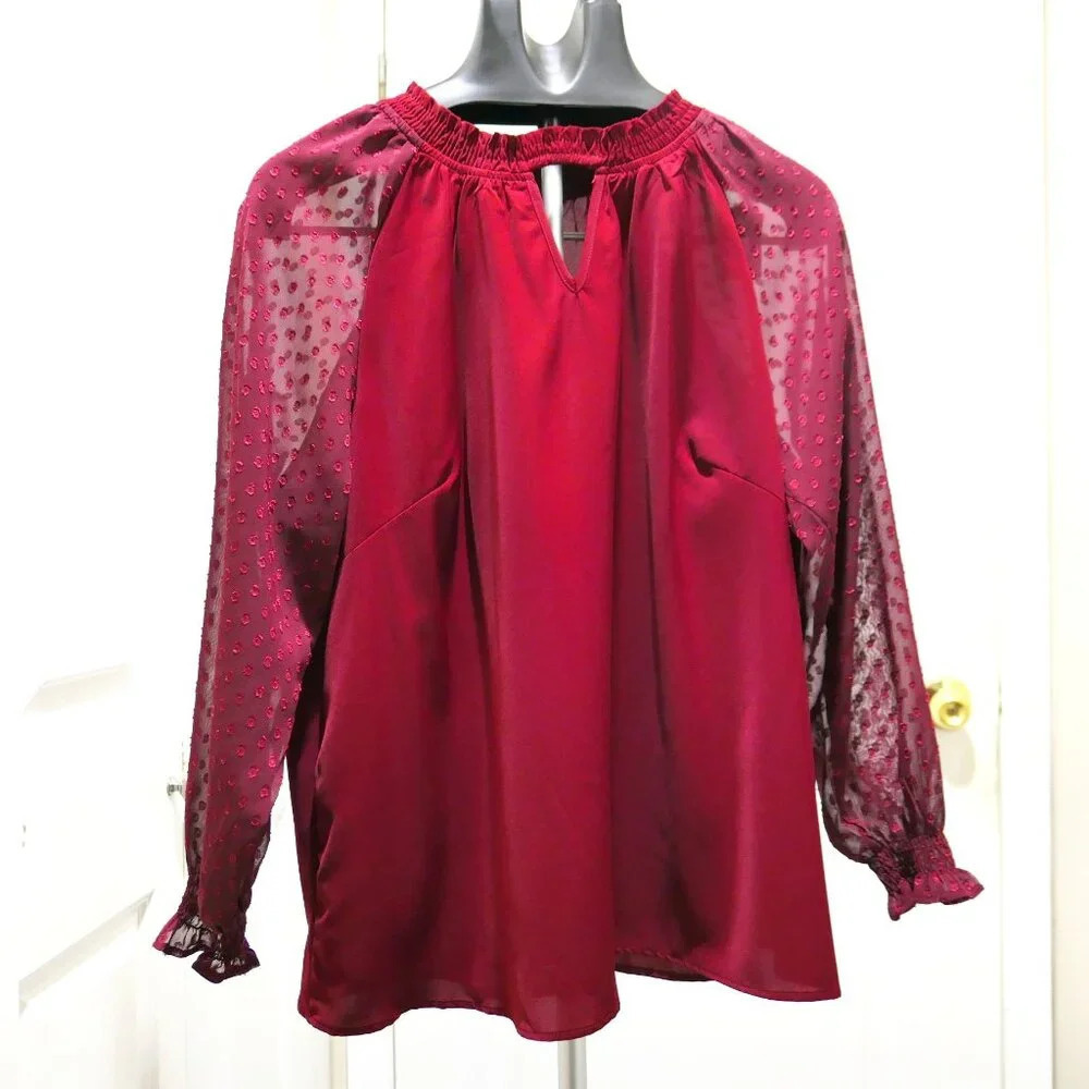 BloomChic Elegant Red Blouse with Lantern Sleeves and Mesh Detail